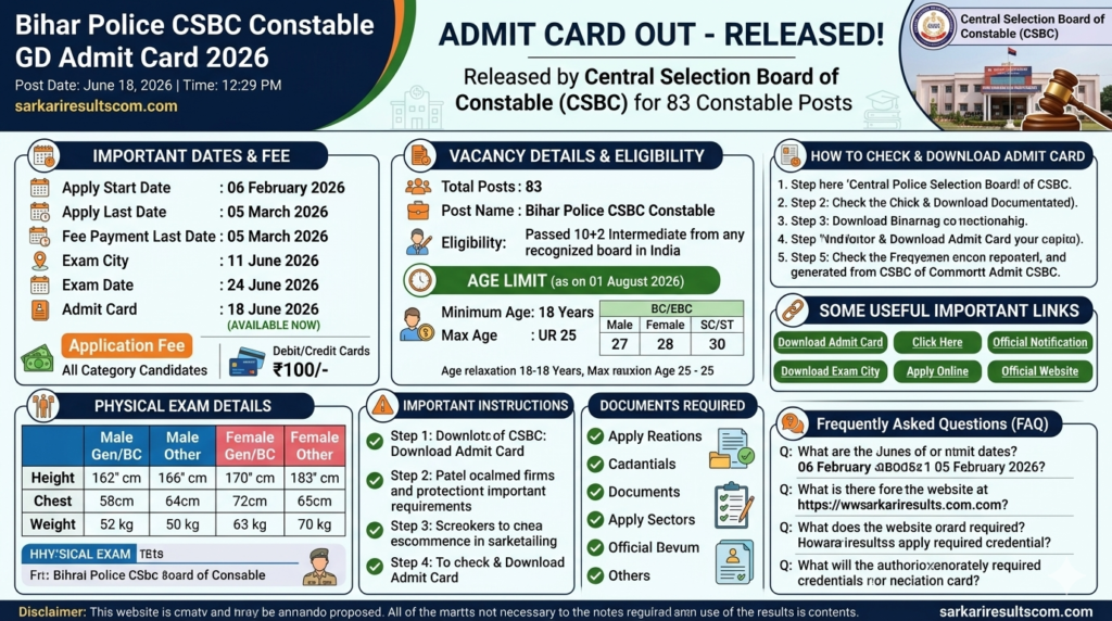 Bihar Police CSBC Constable GD Admit Card 2026