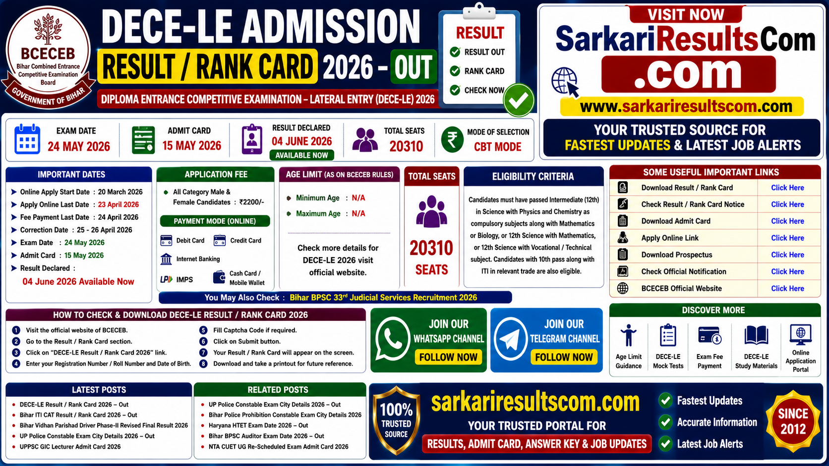 DECE-LE Admission Result / Rank Card 2026