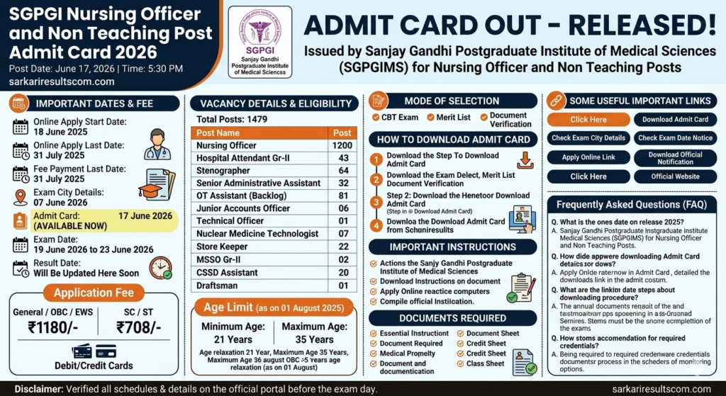 SGPGI Nursing Officer and Non Teaching Post Admit Card 2026