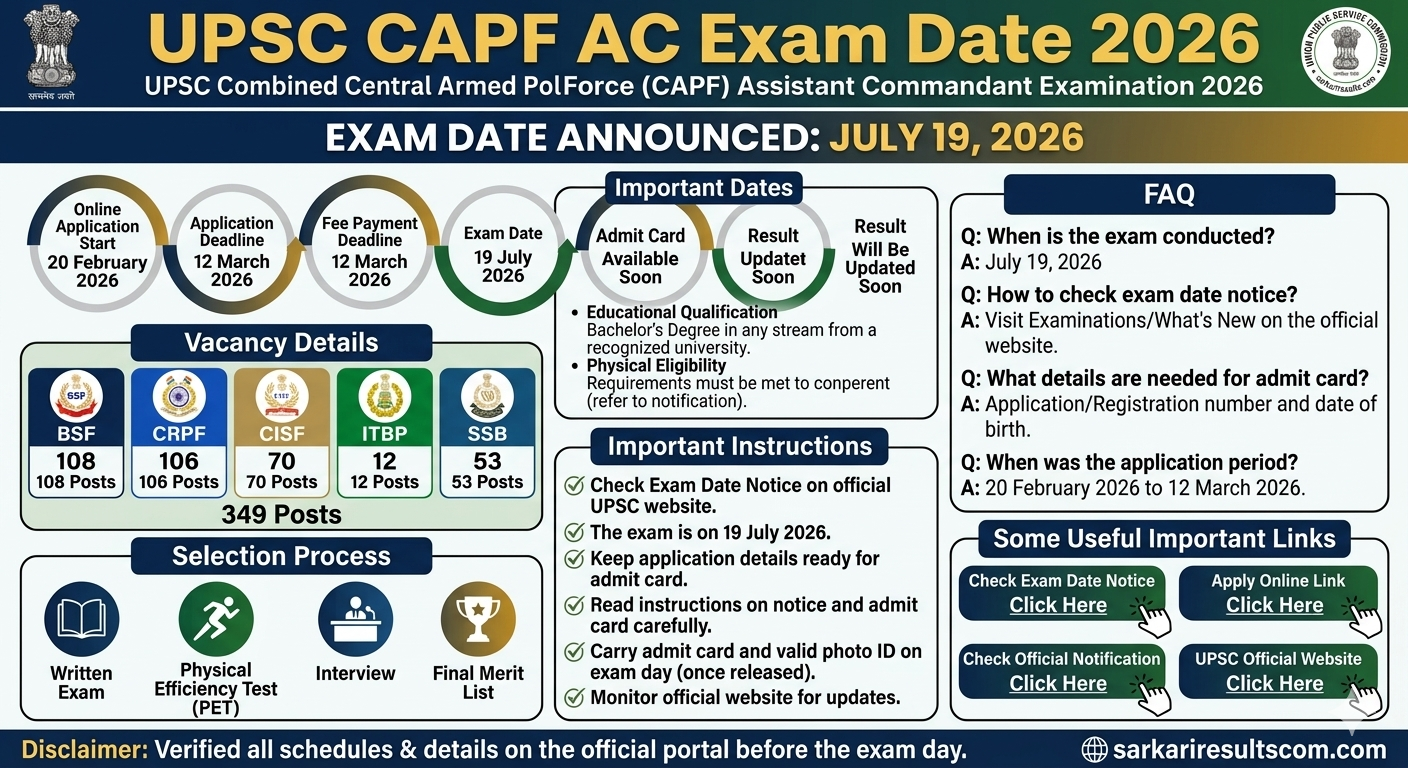 UPSC CAPF AC Exam Date 2026