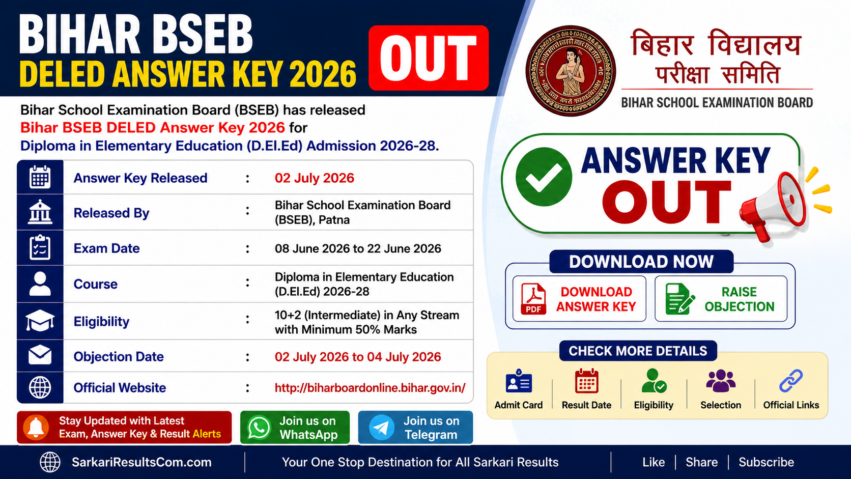 Bihar BSEB DELED Answer Key 2026