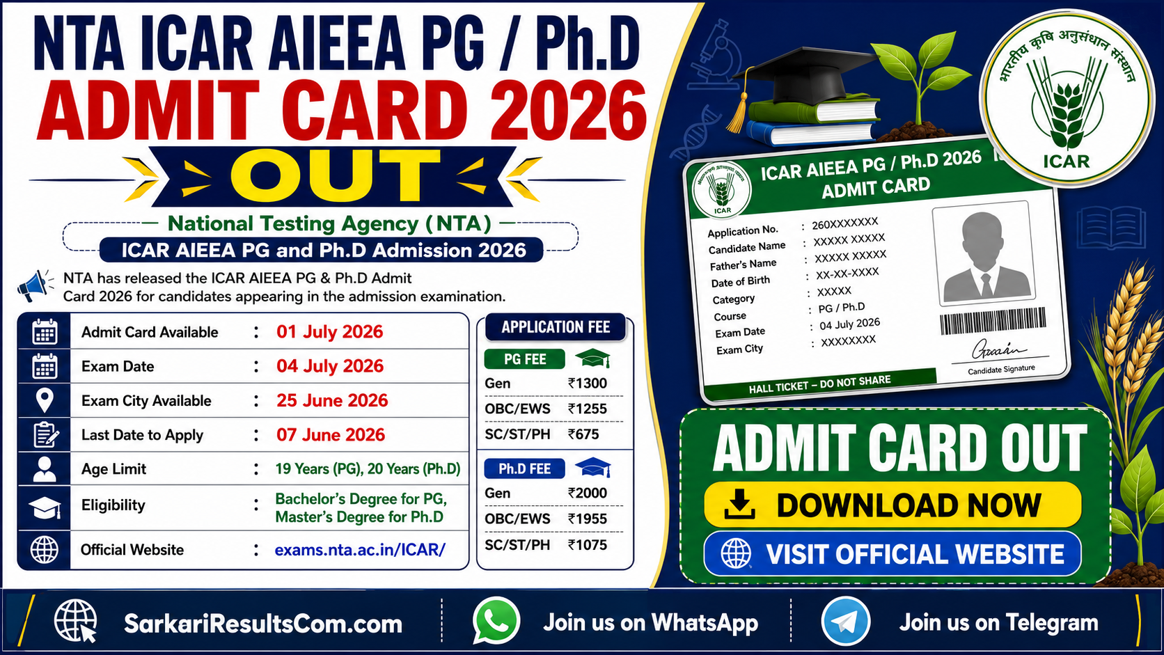 NTA ICAR AIEEA PG Ph.D Admit Card 2026